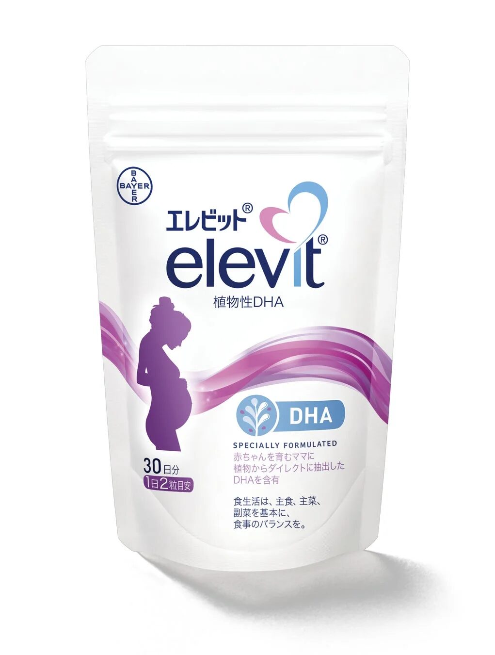 バイエル社の妊娠・授乳期向けDHAサプリメント「エレビット植物性DHA」。植物由来のDHAを配合し、赤ちゃんを育むママの栄養バランスをサポートします。30日分、1日2粒目安。