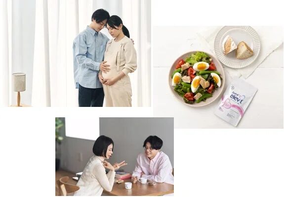 妊娠中の夫婦、健康的な食事とサプリメント、そして会話をする人々の3つのシーンが描かれています。妊娠期の健康と栄養管理、そしてライフスタイルを総合的に示唆する画像です。