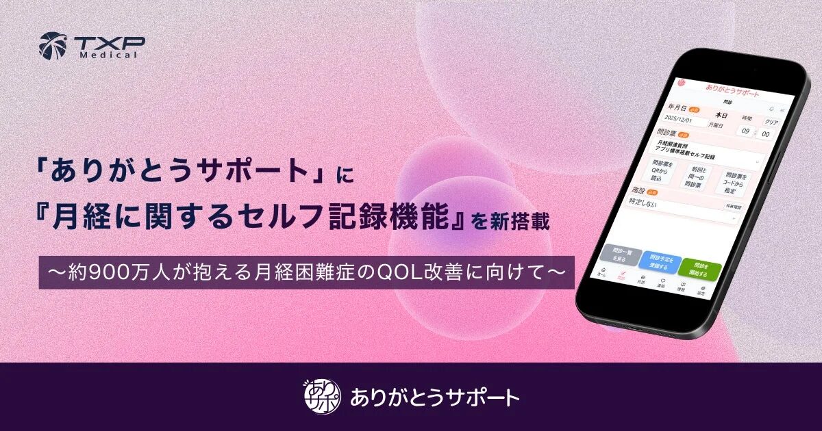 月経に関するセルフ記録機能が新搭載された「ありがとうサポート」アプリの画面