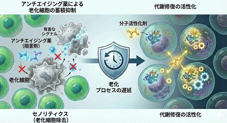 アンチエイジング薬による老化細胞の蓄積抑制の図