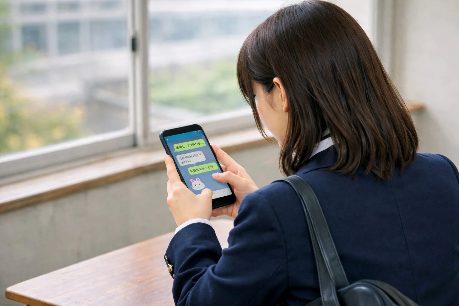 女子学生がスマートフォンを操作している様子