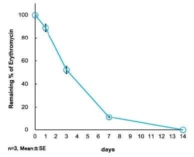 エリトロマイシンの残存率が時間（日数）とともに減少する様子を示す折れ線グラフ