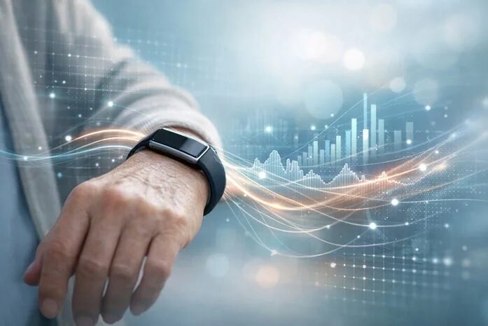 高齢者の腕にフィットネストラッカーが装着され、その背後には健康データや市場トレンドを示すようなデジタルグラフと光の線が広がる抽象的な空間が描かれています。これは、ウェアラブルデバイスによる健康管理やデータ分析、そして未来のテクノロジーと生活の融合を象徴するイメージです。