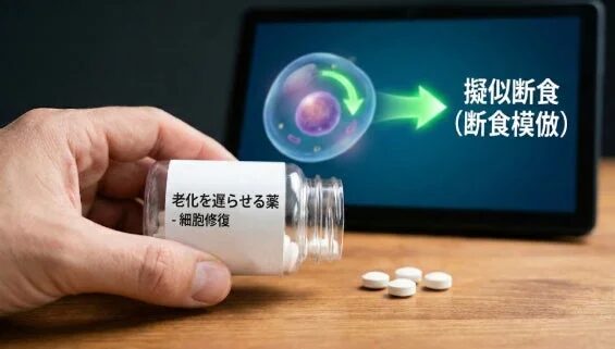 老化を遅らせる薬のボトルと、細胞修復や擬似断食に関する情報が表示されたタブレット