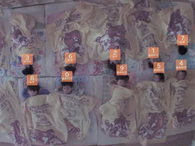 子供、睡眠、昼寝、布団、ブランケット、リラックマ、保育園、幼稚園、幼児、寝姿、グループ、多数、上空撮