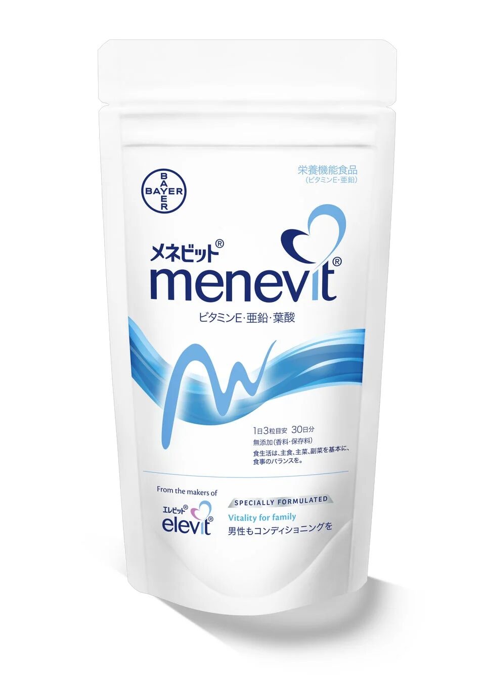 バイエル社製の男性向け栄養機能食品「メネビット」のパッケージ画像です。ビタミンE、亜鉛、葉酸を配合し、男性のコンディショニングをサポートします。香料・保存料無添加で、1日3粒目安の30日分です。