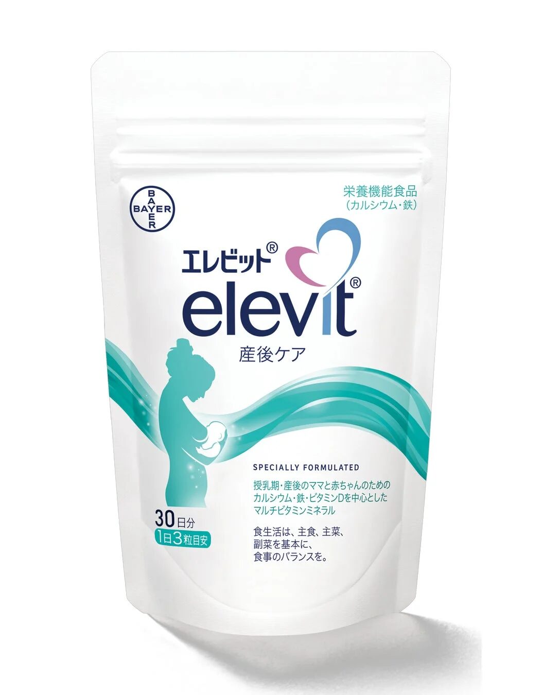 バイエルのエレビット産後ケアサプリメント。授乳期・産後のママと赤ちゃんのための栄養機能食品で、カルシウム、鉄、ビタミンDを中心としたマルチビタミンミネラルを配合しています。30日分で1日3粒目安です。