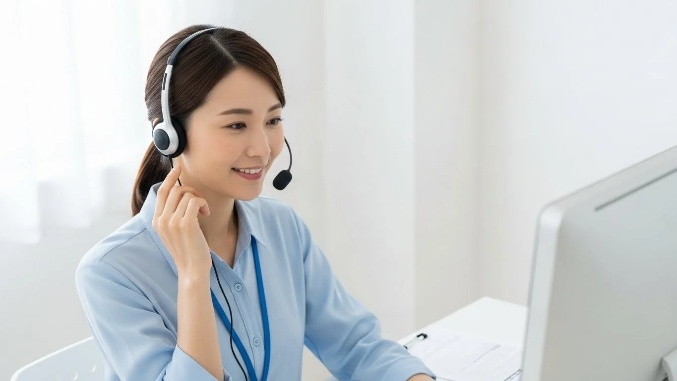 ヘッドセットを装着しパソコンの画面を見る女性