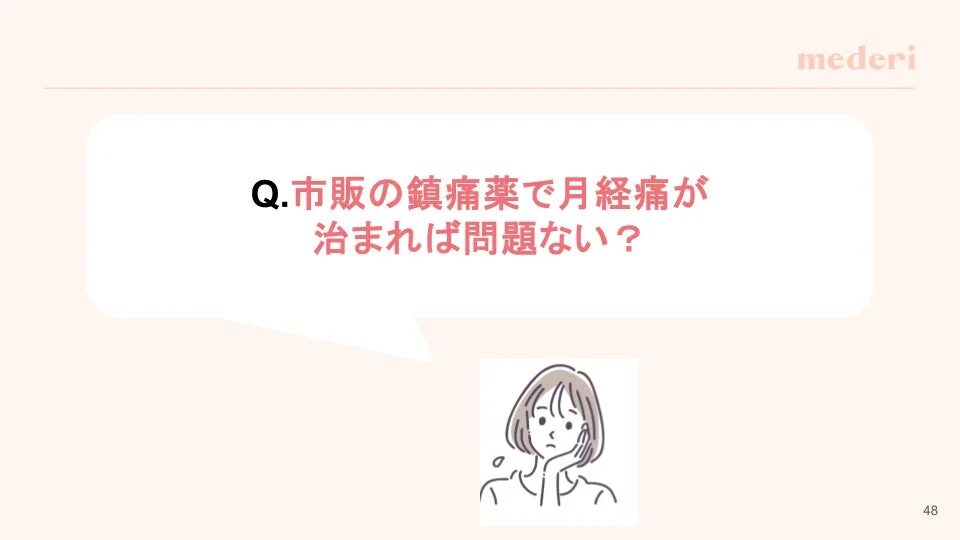 mederiのプレゼンテーションスライドで、「市販の鎮痛薬で月経痛が治まれば問題ないか？」という問いかけと、悩む女性のイラストが描かれています。