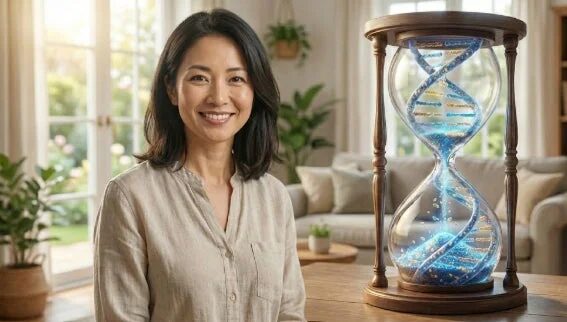 微笑むアジア人女性と、DNAの二重らせん構造が砂のように落ちる砂時計が並んでおり、生命、時間、遺伝子といったテーマを象徴的に表現しています。