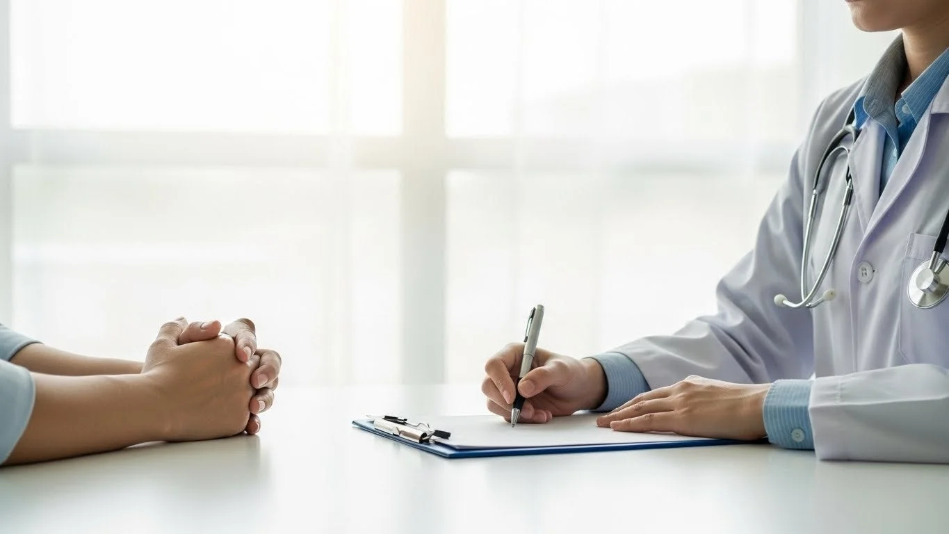 白衣を着た医師が患者と向き合いカルテに記入