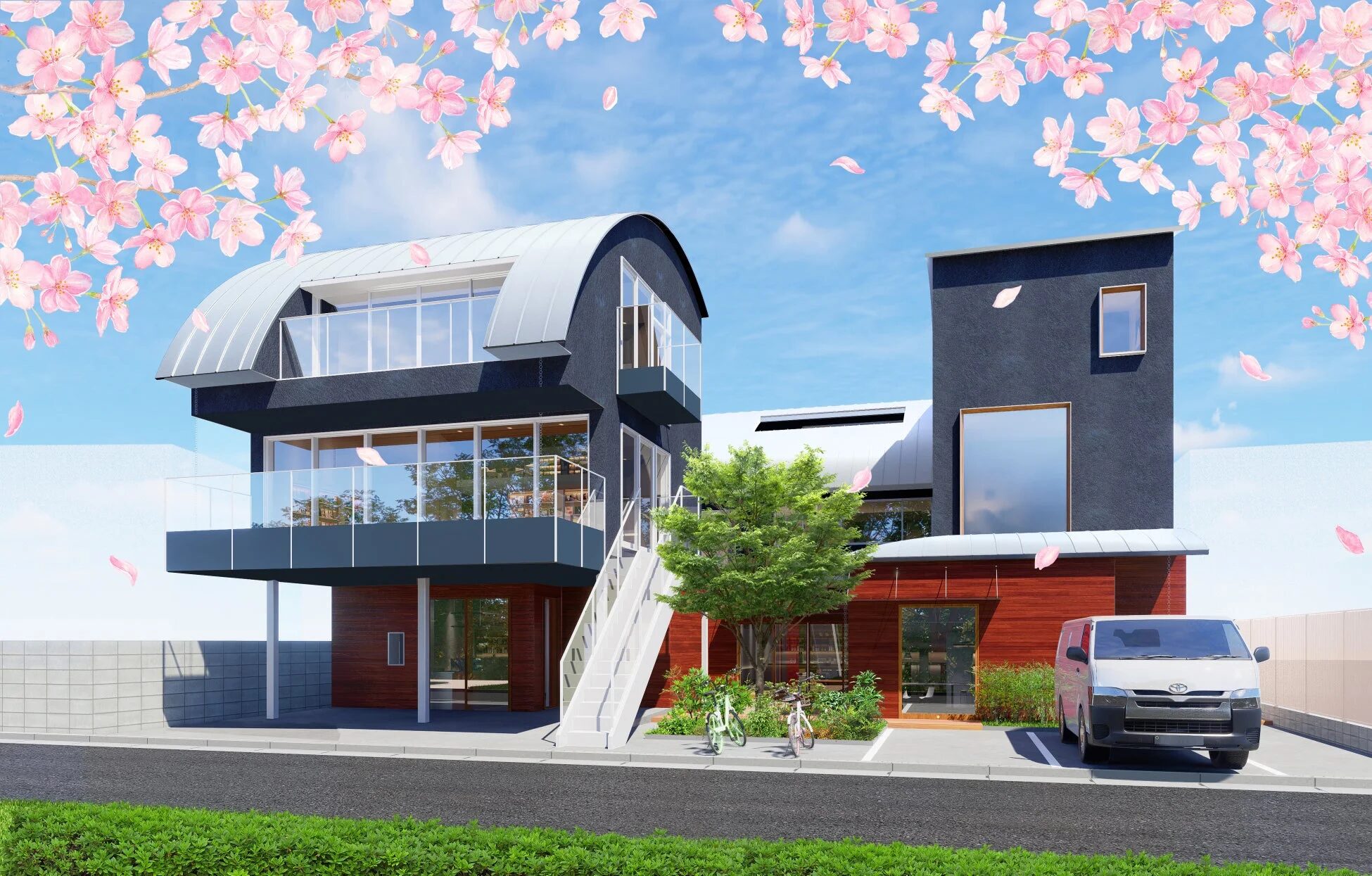 桜の花が舞う青空の下、モダンなデザインの建物が建っています。黒と木目調の外壁に曲線的な屋根が特徴で、駐車場には白いバンと自転車が停められています。春の穏やかな雰囲気が漂う建築物の外観です。