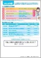がんの予防法として、禁煙、飲酒制限、食生活改善などの５つの習慣と、胃、肺、大腸、乳、子宮頸がんの定期検診を推奨しています。各検診の対象年齢と受診間隔も示されており、大腸がん検診の受診意向を問うアンケートも含まれています。