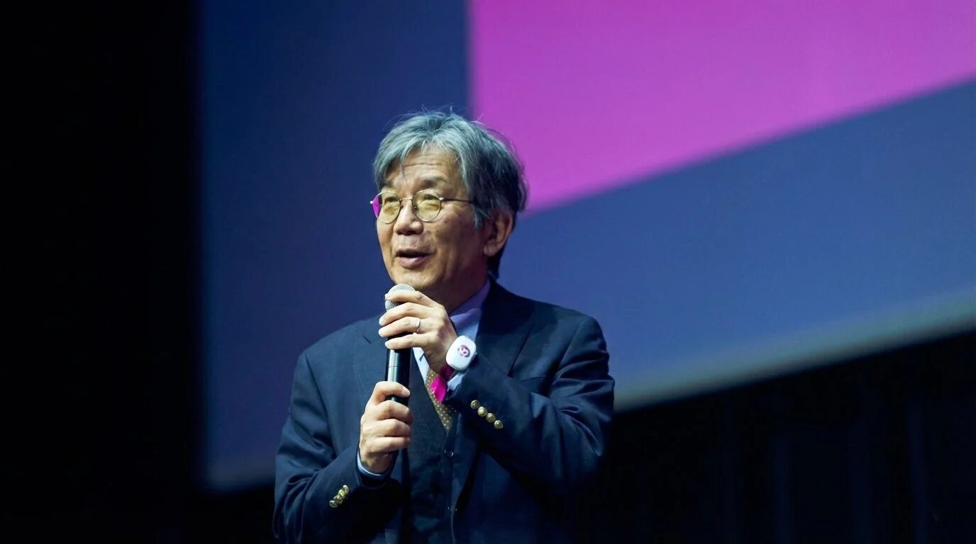 ステージ上でマイクを手にスピーチをする白髪の男性。ビジネスイベントや講演会の一幕と見られ、熱心に話しています。