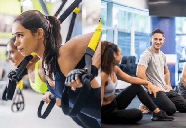 ジムでTRXトレーニングを行う女性たち