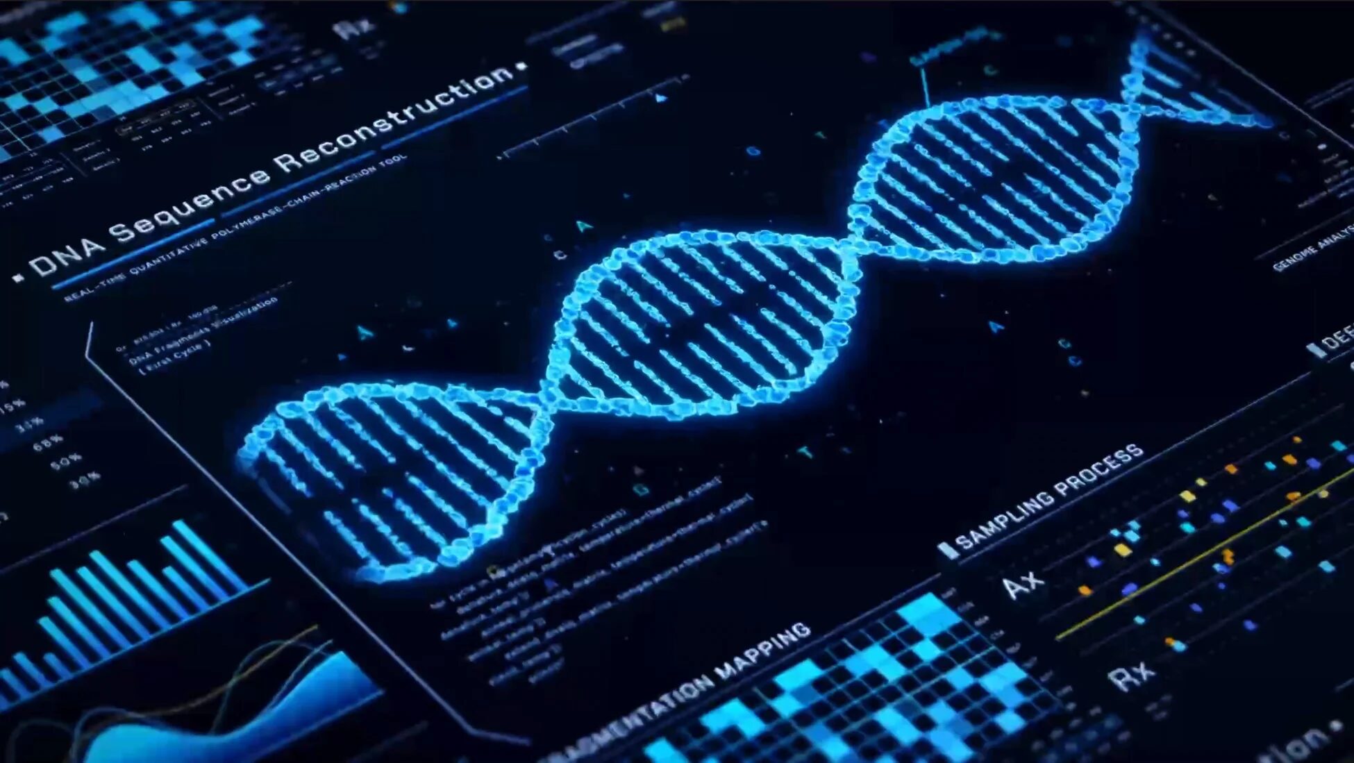 DNA, 遺伝子, ゲノム, バイオテクノロジー, 科学, 研究, データ分析, デジタルインターフェース, 生命科学, 遺伝子配列, PCR
