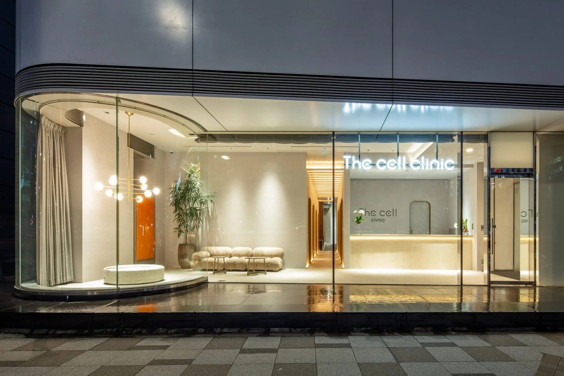 クリニック、医療施設、モダン、夜景、ガラス張り、受付、待合室、照明、建築、都市、デザイン、ミニマリスト、美容クリニック