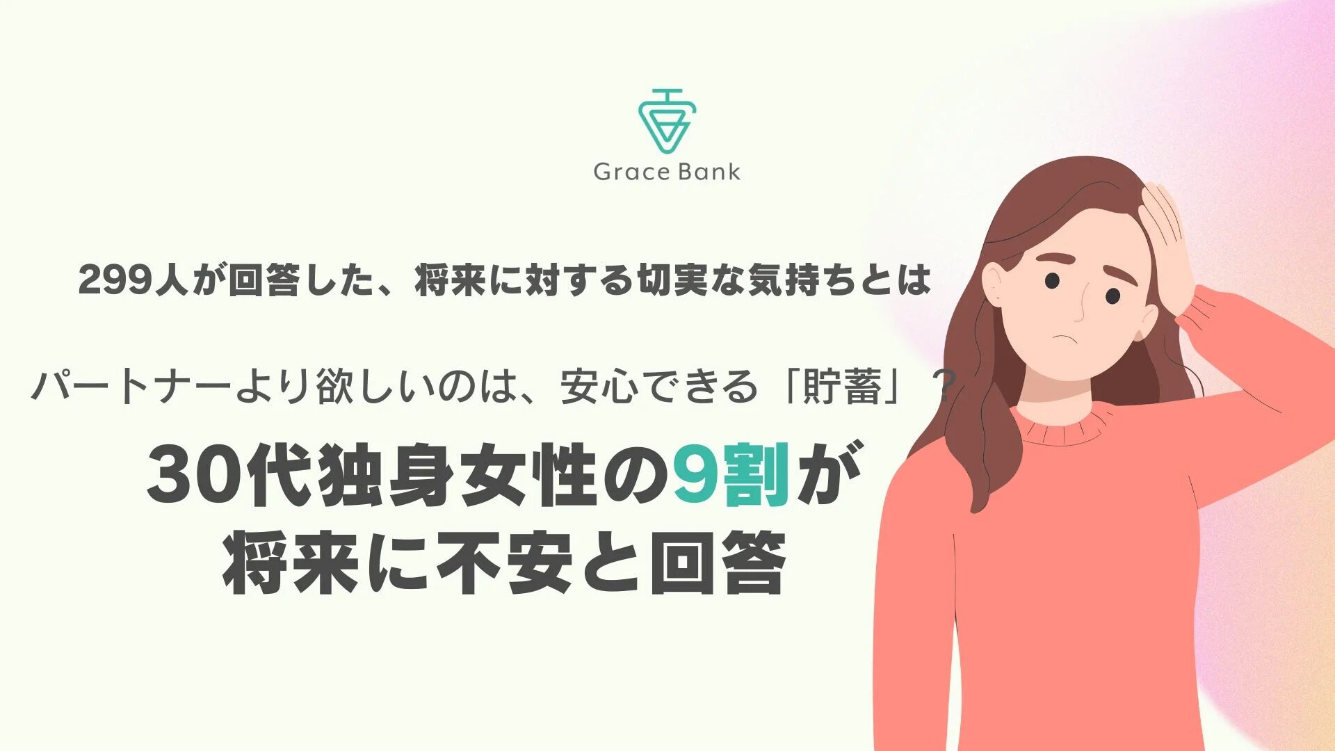 Grace Bank 299人が回答した、将来に対する切実な気持ちとは パートナーより欲しいのは、安心できる「貯蓄」？ 30代独身女性の9割が将来に不安と回答