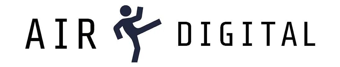 白い背景に「AIR DIGITAL」という文字と、その間に片足を高く上げた人物のアイコンが配置されたロゴマーク