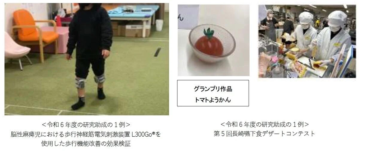 令和6年度の研究助成の1例として、脳性麻痺児の歩行機能改善研究、グランプリを受賞したトマトようかん、長崎嚥下食デザートコンテストの様子