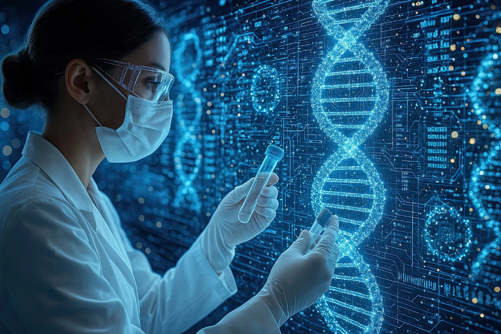 科学、研究、DNA、遺伝子、バイオテクノロジー、医療、技術、デジタル、実験、研究者、試験管、未来