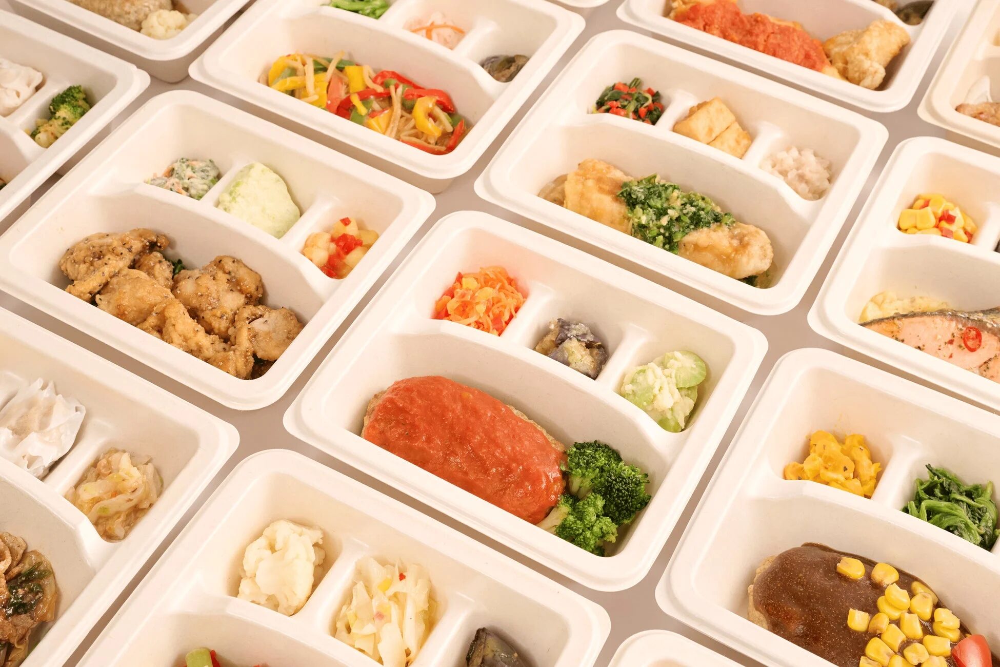 複数の白い仕切り付き容器に、様々なおかずが盛り付けられた食事が整然と並んでいます。主菜と副菜がバランス良く配置され、健康的な弁当や配食サービスの内容を示唆しています。