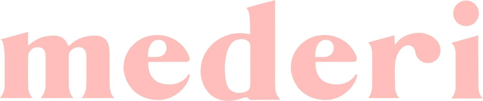 「mederi」という単語が、白背景に淡いピンク色の太字で書かれたロゴ画像です。