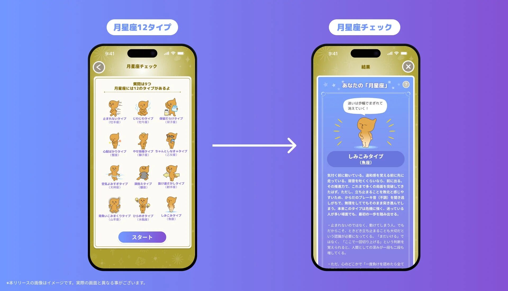 月星座に基づく12種類の性格タイプを診断するモバイルアプリの画面