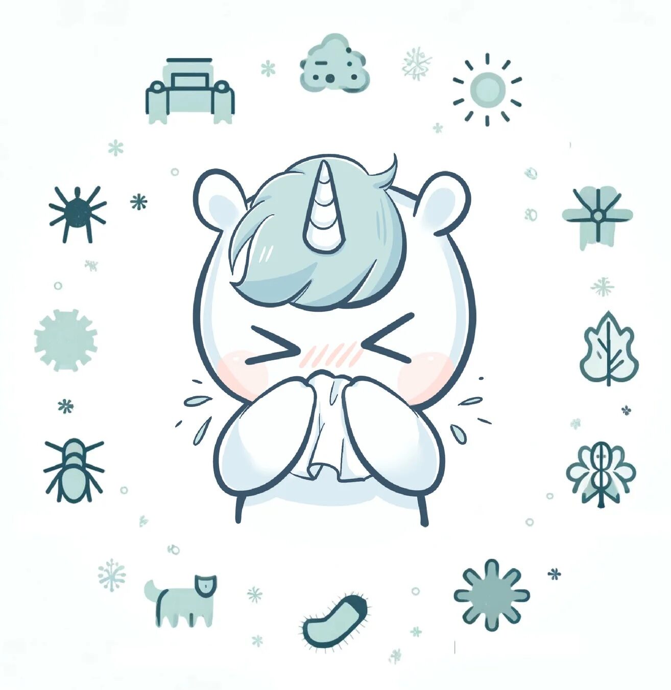 アレルギーでくしゃみをするユニコーンのようなキャラクター