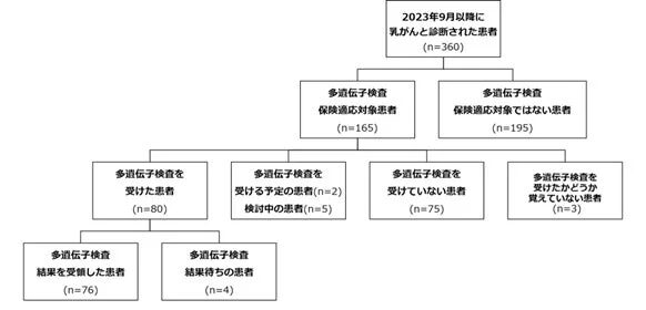 2023年9月以降に乳がんと診断された患者360名を対象とした多遺伝子検査の実施状況フローチャート