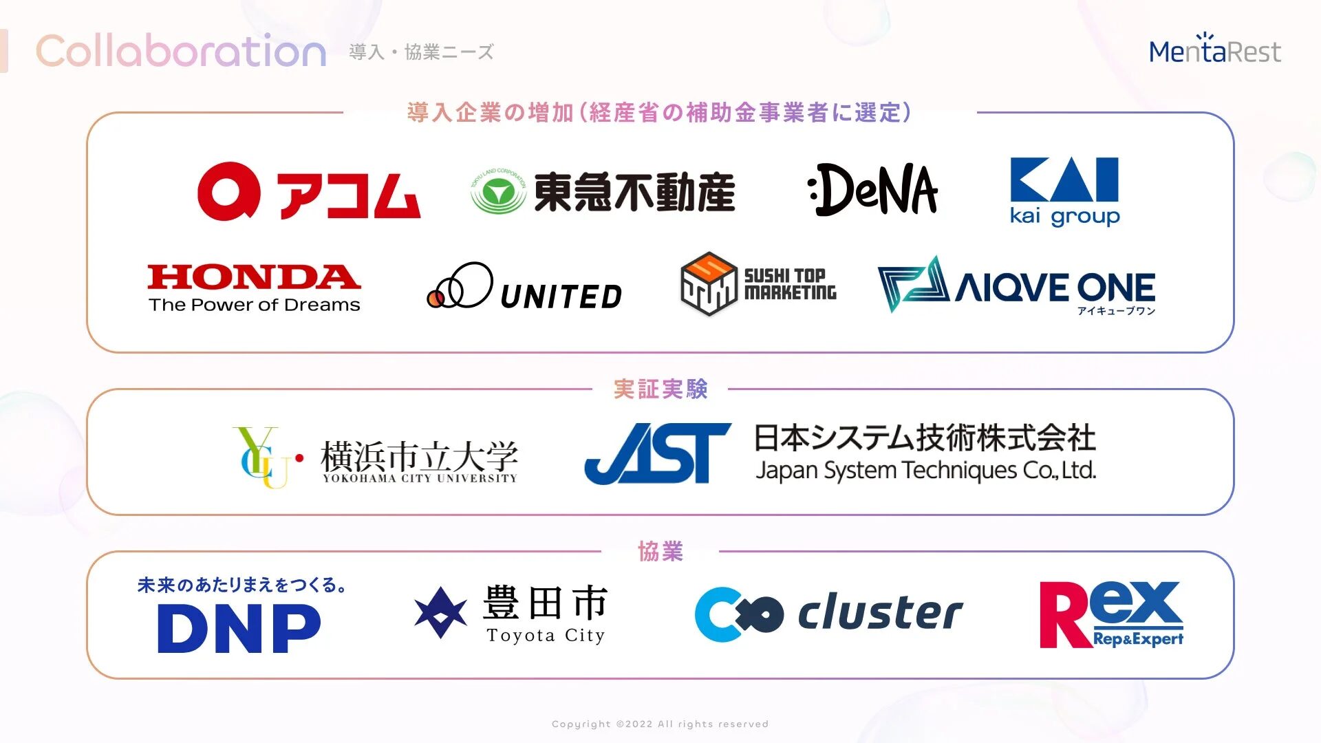 MentaRestのコラボレーション、導入企業、実証実験パートナー、協業先を示すロゴ一覧