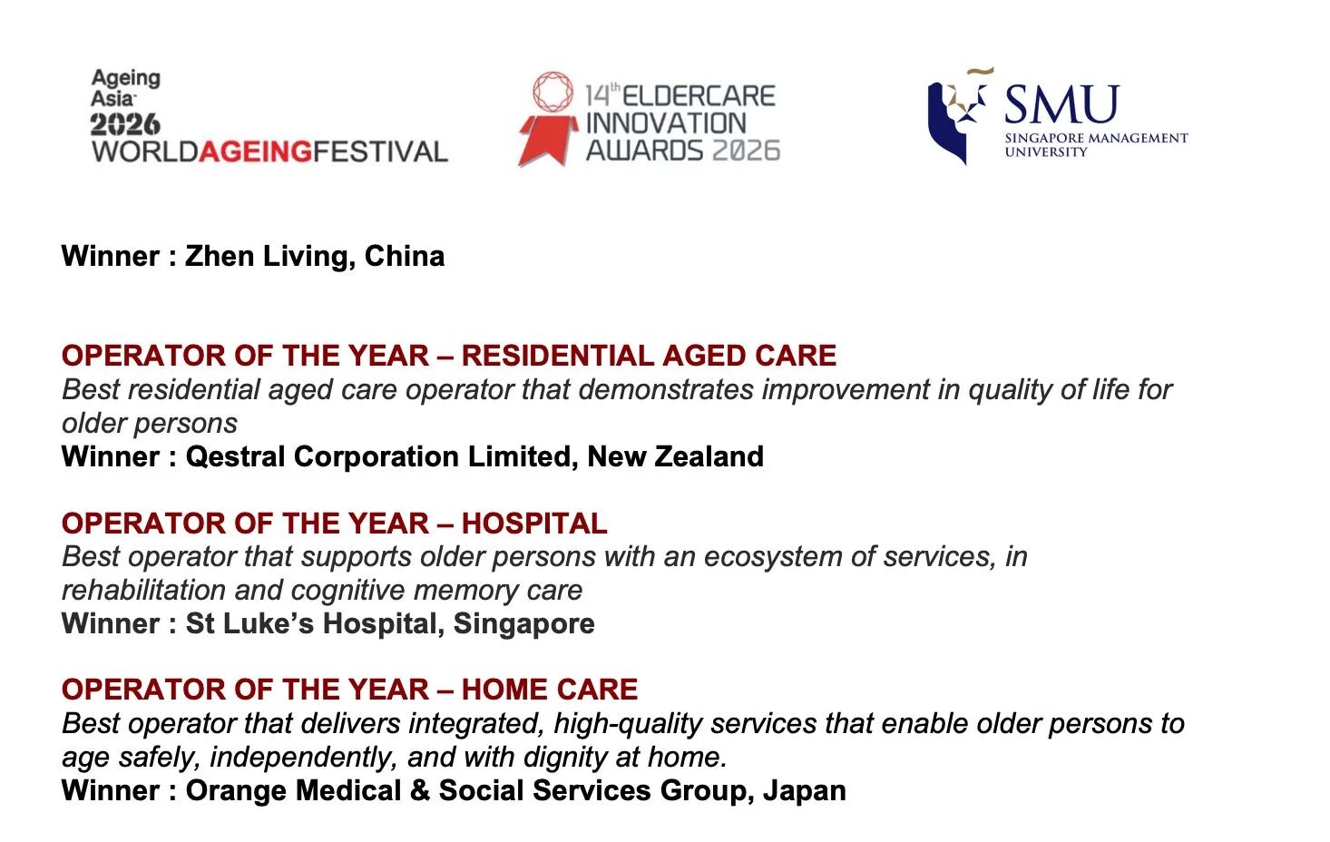 受賞結果のリスト