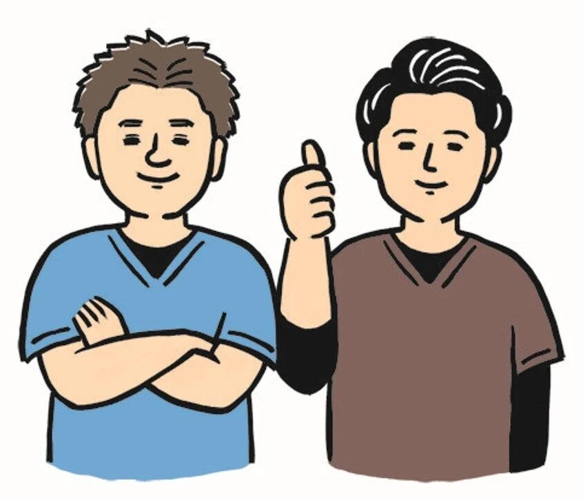 笑顔の男性二人が描かれたイラストです。左の男性は腕を組み、右の男性はサムズアップしており、共に肯定的な印象を与えます。フレンドリーで親しみやすい雰囲気です。