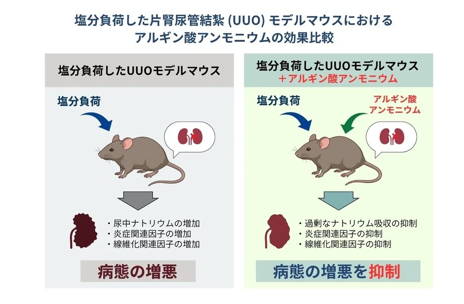 塩分負荷した片腎尿管結紮 (UUO) モデルマウスにおけるアルギン酸アンモニウムの効果比較