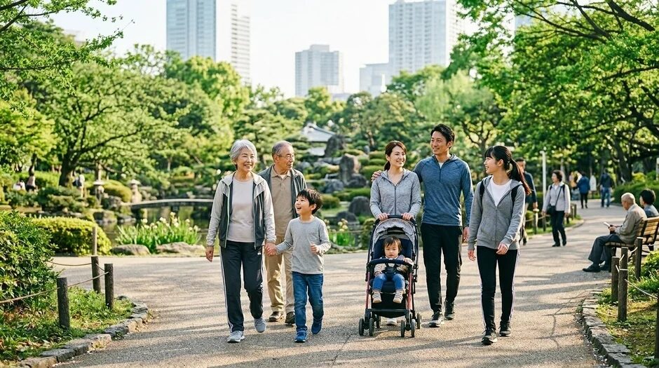三世代の家族が都市公園の小道を散歩している様子