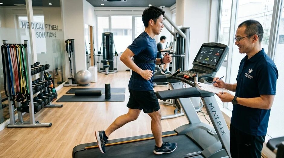 フィットネスジムで、男性がトレッドミルで運動しており、トレーナーが隣で記録を取りながら指導しています。医療フィットネス施設でのトレーニング風景です。