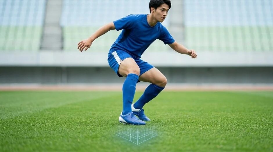 青いサッカーユニフォームを着た若い男性が、スタジアムの芝生の上で構えています。スポーツやトレーニング中の様子で、足元にはテクノロジーを思わせる光るグラフィックが見えます。